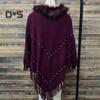 Women Fall Winter Cloak Tassel Bead Decor Faux Fur Decor Triangle Shape Solid Color Knitted Keep Warm Elastic Poncho Shrug Bohemian Style Cable Wrap
