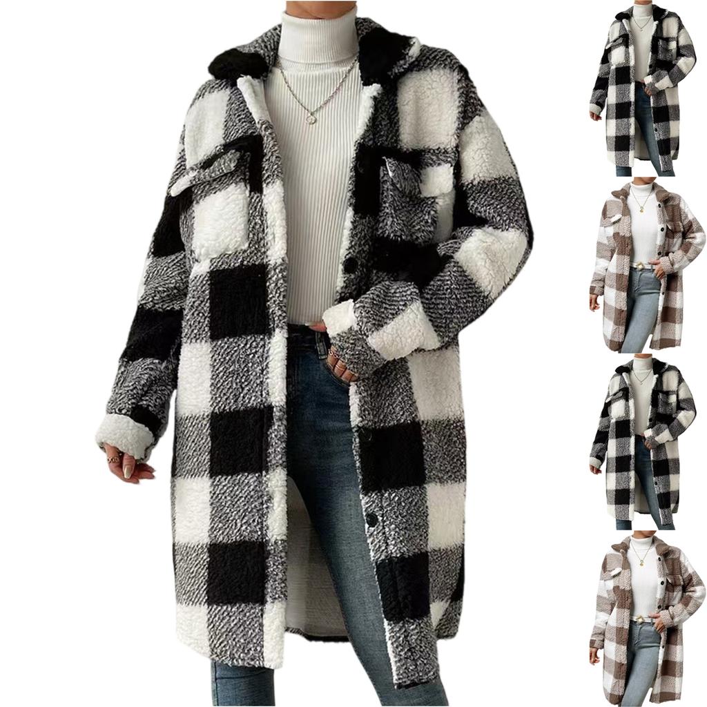 Women's Plaid Double-sided Plush Patch Pocket Button Cardigan Casual Top Jacket