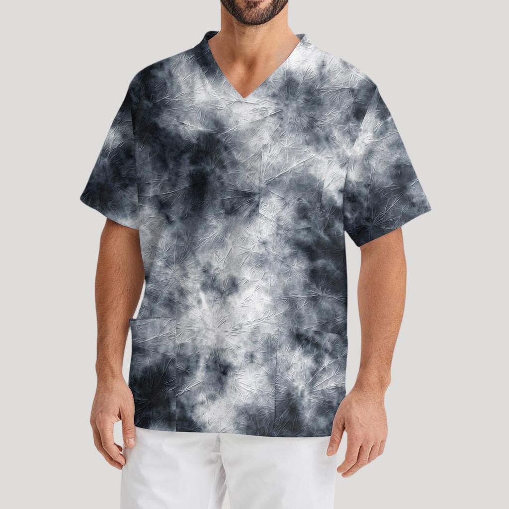 Мужская рабочая блузка с короткими рукавами и v-образным вырезом с принтом, топ с нагрудным карманом