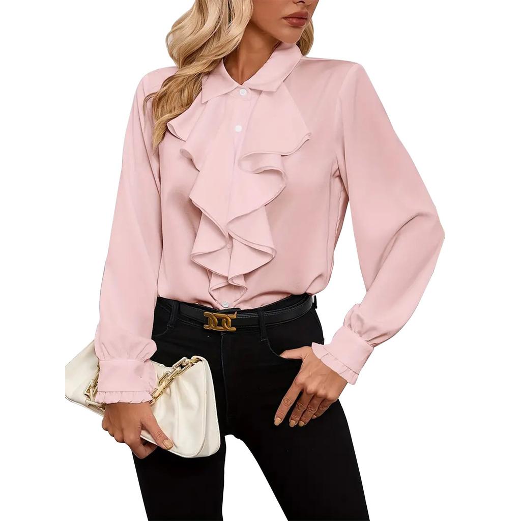 Women's Loose Casual Solid Color Ruffle Edge Shirt Long Sleeved Shirt Fashionable Shirt