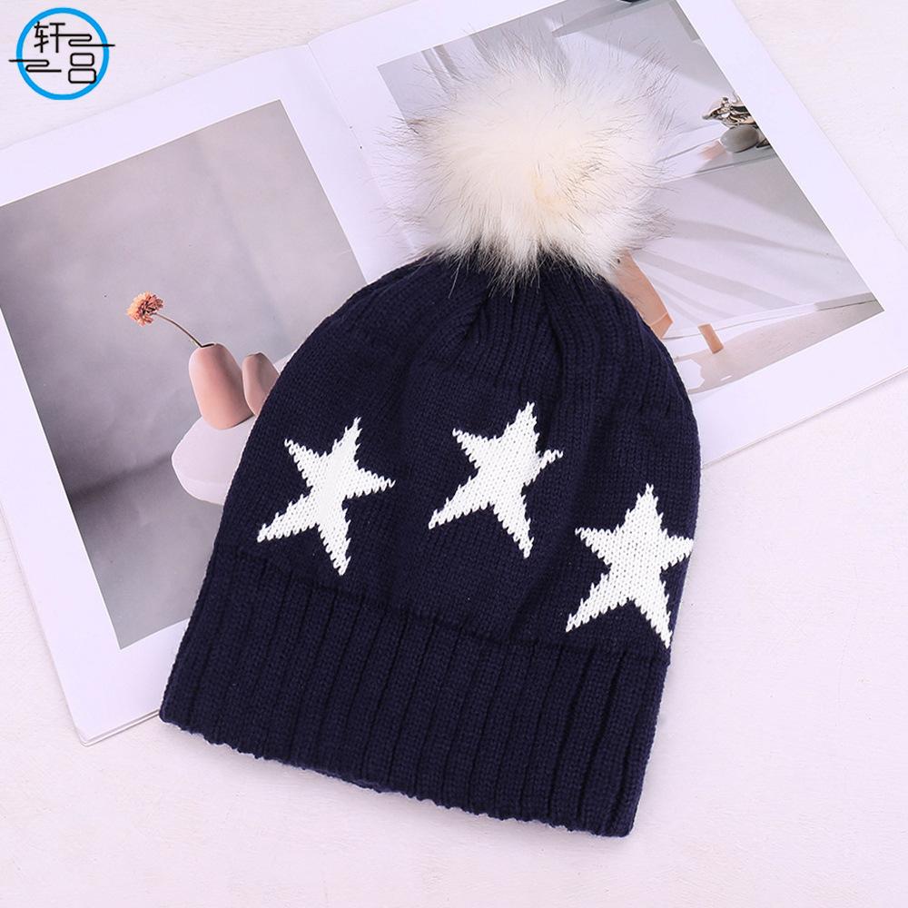 Winter fashion warm five-pointed star hairball decorative knitted hat outdoor travel comfortable versatile wool hat