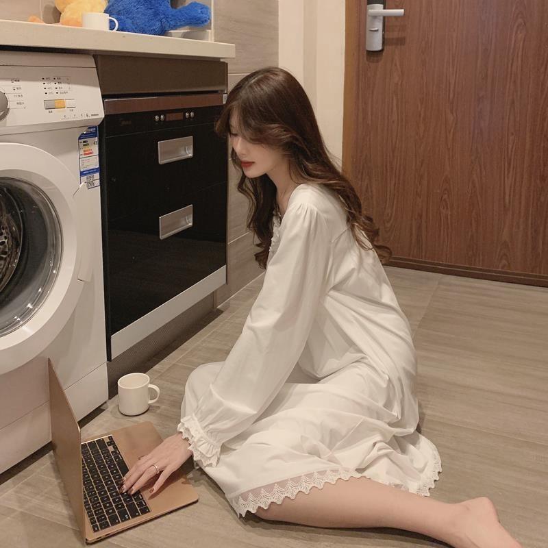 Женские ночные рубашки до середины икры, однотонные квадратные воротники с длинными рукавами и оборками на шнуровке, свободные ретро-шик