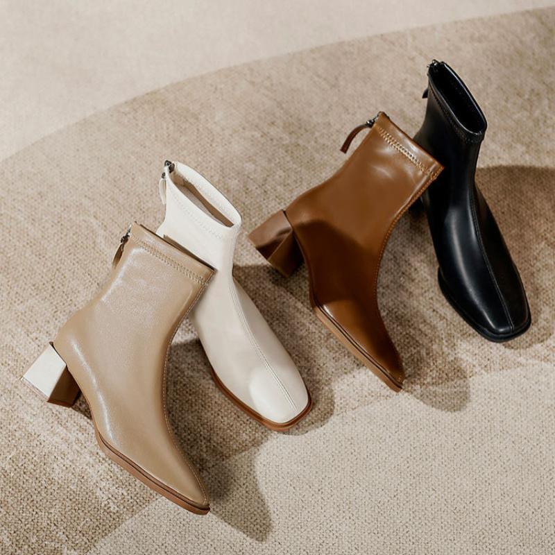 Французские женские ботильоны на высоком каблуке, модные ботинки на толстом каблуке, из мягкой кожи, весенне-осенние одинарные ботинки, ботинки с квадратным носком