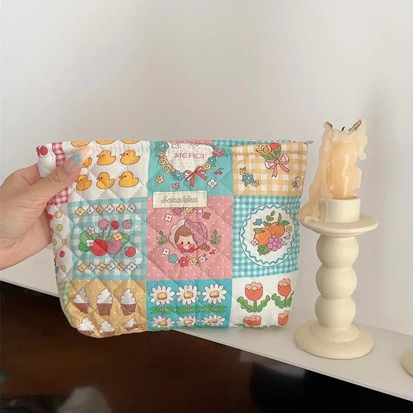 Cute Pink Women's Cosmetic Bag Make Up Case Quilted Cotton Travel Storage Bags Portable Wash Bag Clutch Purse Handbags Mommy Bag