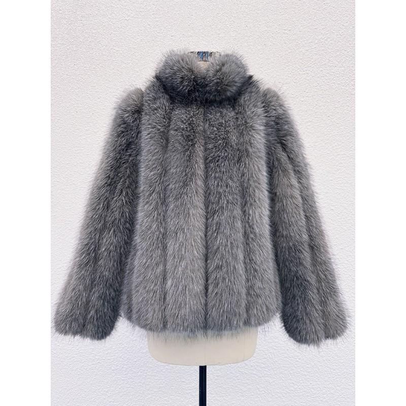 Womens Faux Fur Coat With Fox Trim Long Sleeve Oversized Warm Winter Outerwear