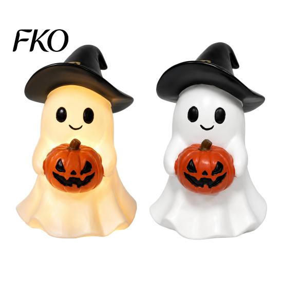 LED Pumpkin Decor Halloween Ghost Figurine, Cute Resin Holding Spooky Table Centerpiece Statue for Desk Tabletop Indoor Home Safe Flameless