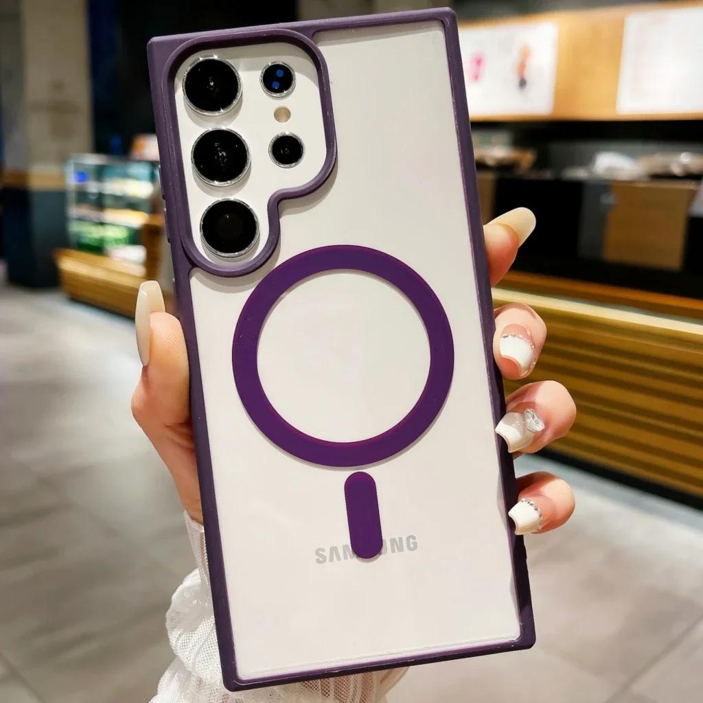 Frosted Frame Magnetic For Magsafe Cases For Samsung Galaxy S25 S24 S23 Ultra Wireless Charging Acrylic Bumper Cell Phone Cover