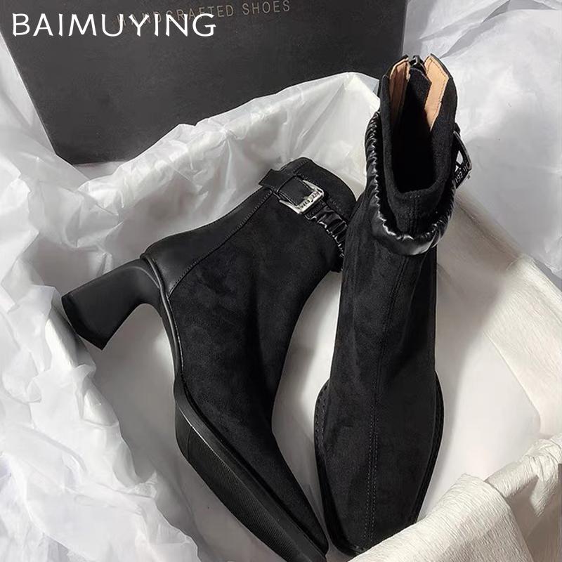 Женские зимние ботильоны на высоком каблуке, замшевые туфли с острым носком, массивные дизайнерские ботинки челси, тренд 2024 года, зимние готические ботинки Botas De Mujer