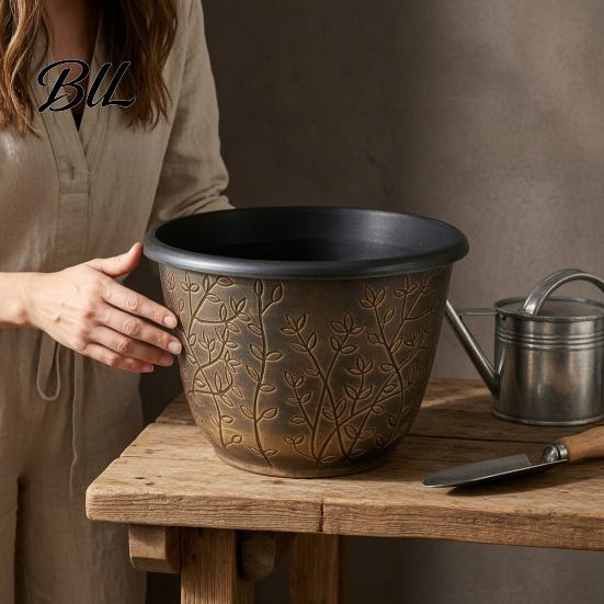 Stable Heavy Duty Plant Pots 12 Inch Thickened Flower for Outdoor Indoor, Plastic Leaf-Pattern Texture Large Basin with Saucer Planter Drainage Hole &