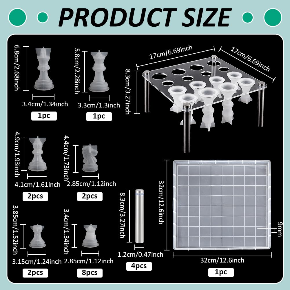 BENECREAT 1 Set International Chess Silicone Mold, DIY Chess Kit with Board and Pieces, Square Piece Stands, Resin Board Mold for Board Games and