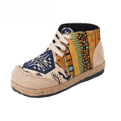 Женские льняные хлопковые туфли с круглым носком и вышивкой ручной работы на шнуровке и цветочным принтом, ботильоны для женщин