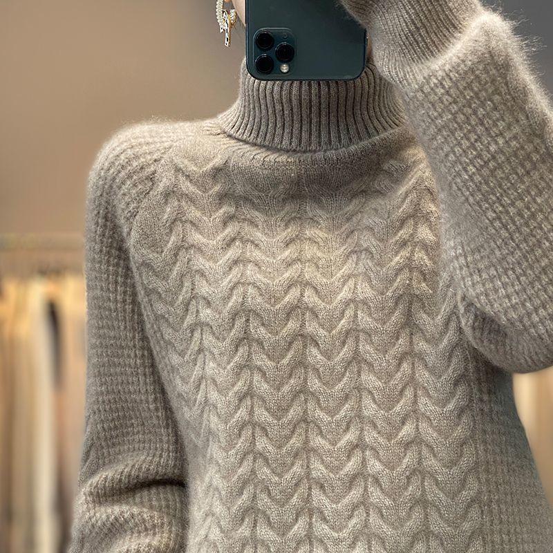 Solid Turtle Neck Cable Knit Sweater, Elegant Long Sleeve Wool Pullover Sweater, Women's Clothing