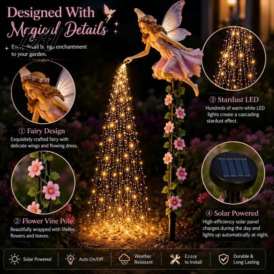 Solar Powered Fairy Garden Lights Sprinkling Magic Dust Light Outdoor Front Yard Decorative Ornaments for Gardens Statue with LED Light String,
