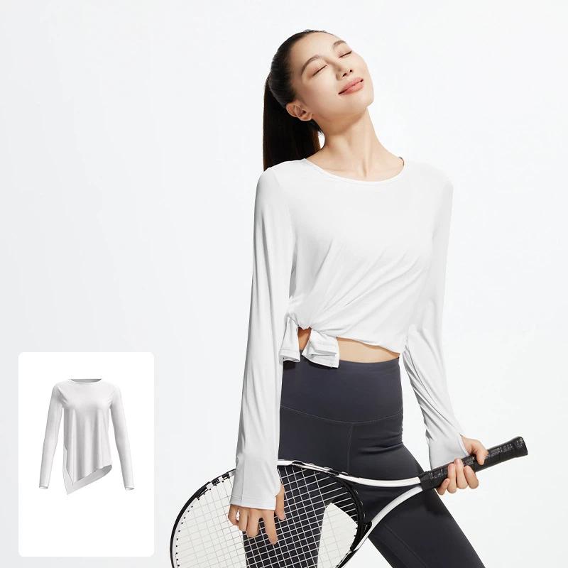 2026 New Summer Ice Silk Long Sleeved Yoga Tops for Women Cool Breathable Loose Slit Yoga Blouses