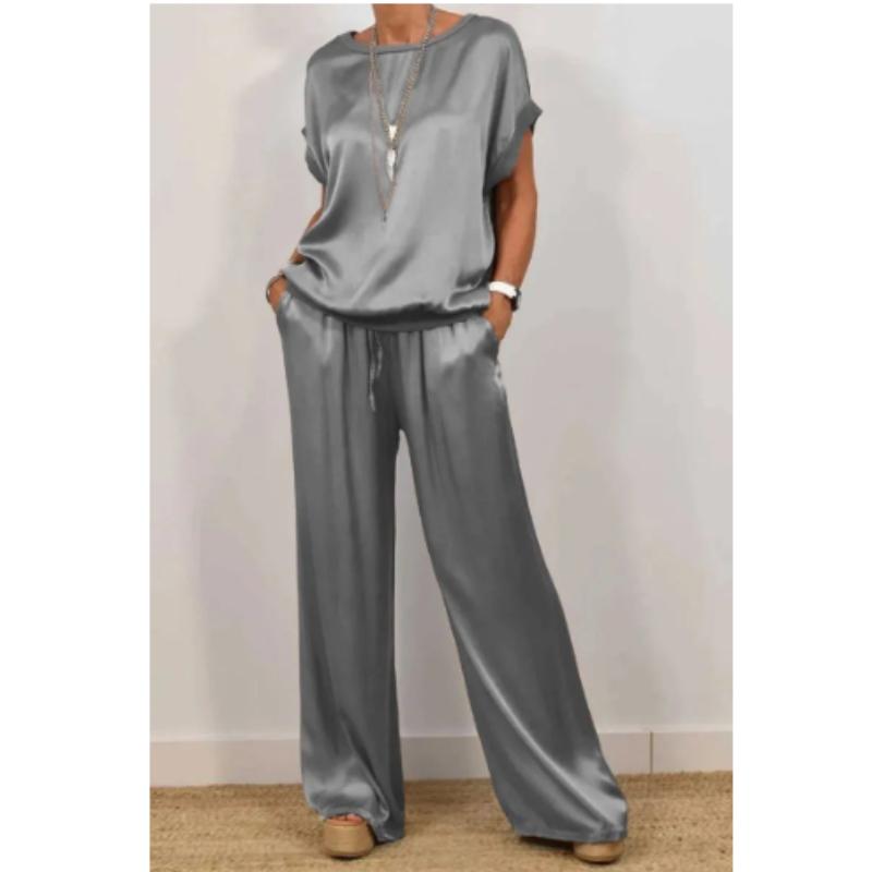 Повседневный атласный комплект для дома с круглым вырезом и брюками широкого кроя для весны/лета