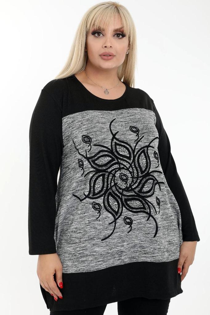 Женская блузка большого размера с круглым вырезом и цветочным мотивом, повседневная блузка с длинным рукавом и вышивкой камнями