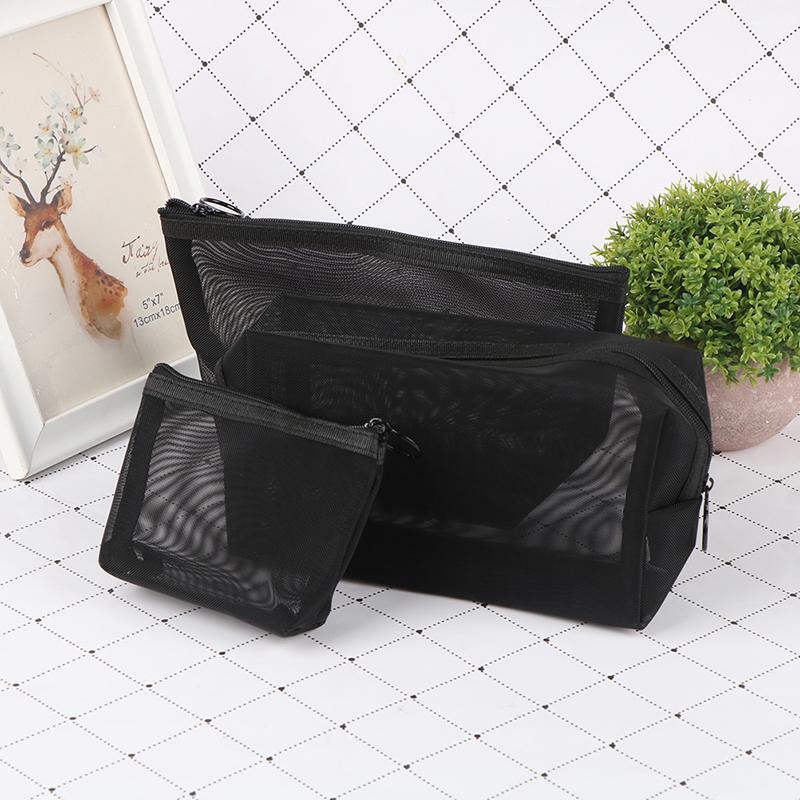 1Pc Black Transparent Mesh Makeup Case Organizer Storage Pouch Casual Zipper Toiletry Wash Bag Make Up Women Travel Cosmetic Bag