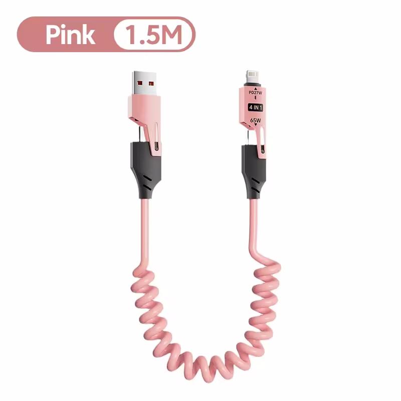 Кабель для быстрой зарядки 4-в-1 мощностью 65 Вт с разъемами USB Type-C и Lightning, телескопическая конструкция с пружиной