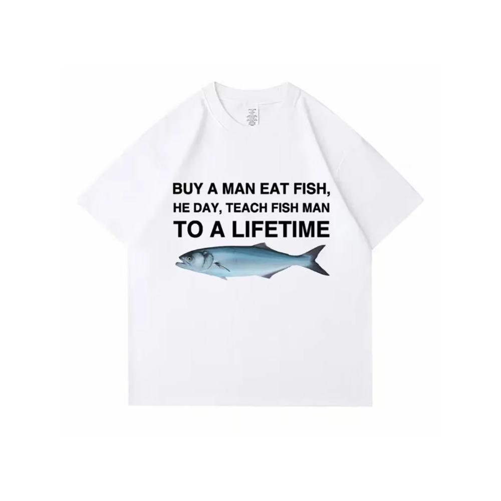 Купить футболку с забавным мемом «Человек ест рыбу, он учит рыбу на всю жизнь», унисекс, повседневная хлопковая мужская футболка, летние футболки большого размера