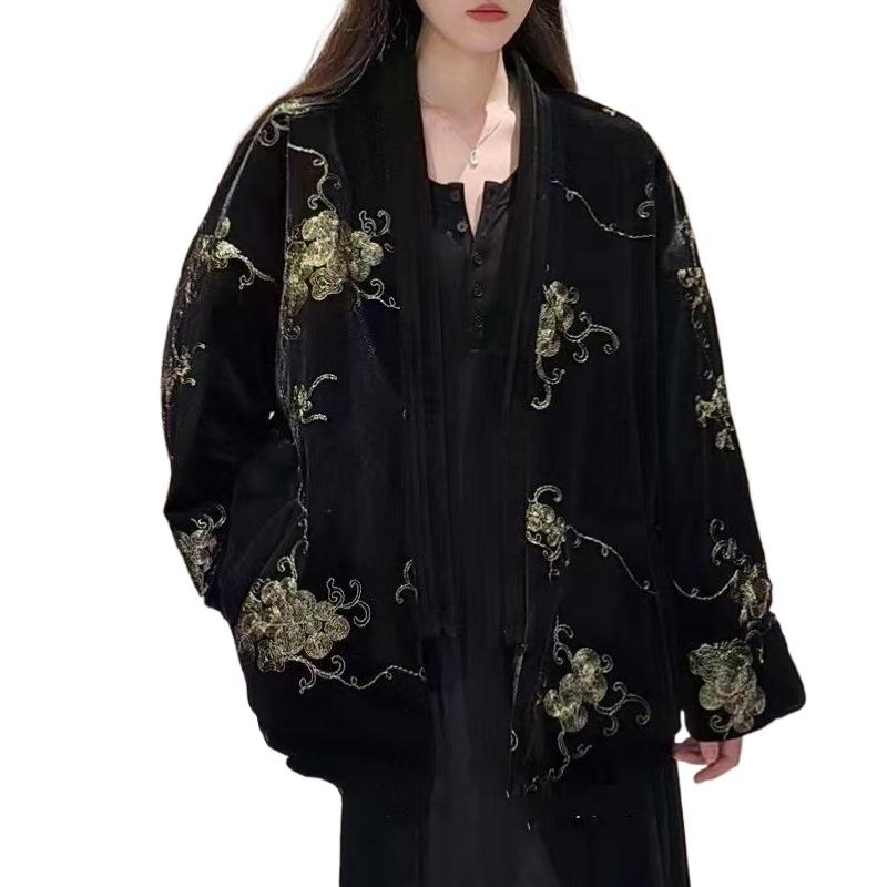 Черный цвет Цветочный принт Вышитая бархатная ткань Африканские жаккардовые ткани для платья Ципао Одежда Ширина 130см