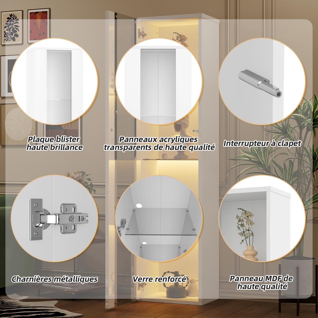 40 x 29 x 170 cm, display cabinet, glass shelves, LED color-changing lighting, APP control, acrylic panel, wall-mountable, minimalist design, white.
