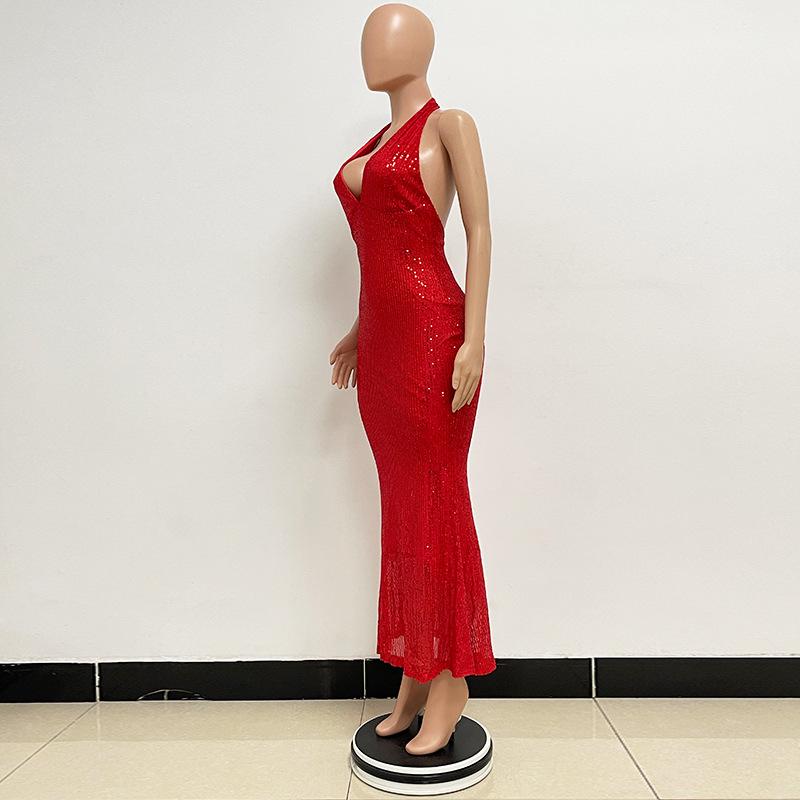 Женское платье Haute Couture с глубоким V-образным вырезом и бретелью через шею Длинное платье-рыбий хвост с пайетками