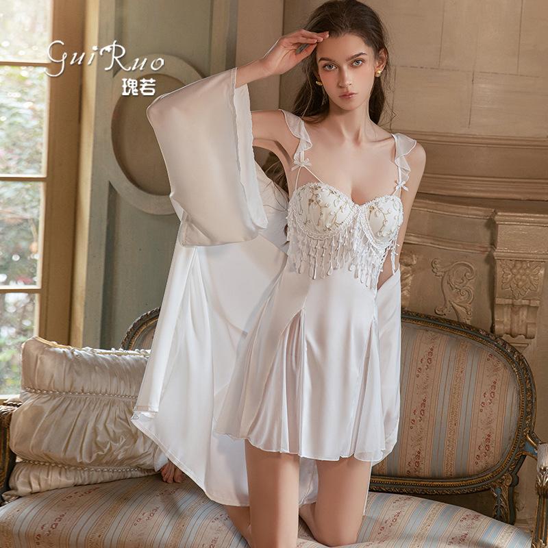 Women's Satin Mesh Lace Embroidered Push Up Padded Flutter Sleeve Cami Sleep Dress with Robe Set