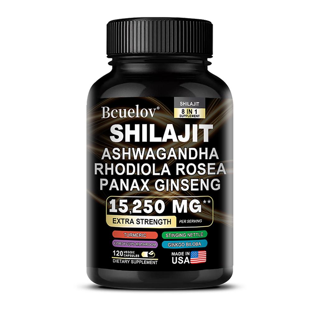 Bcuelov Shilajit 8-in-1 Adaptogen Supplement Capsules, 120 Count