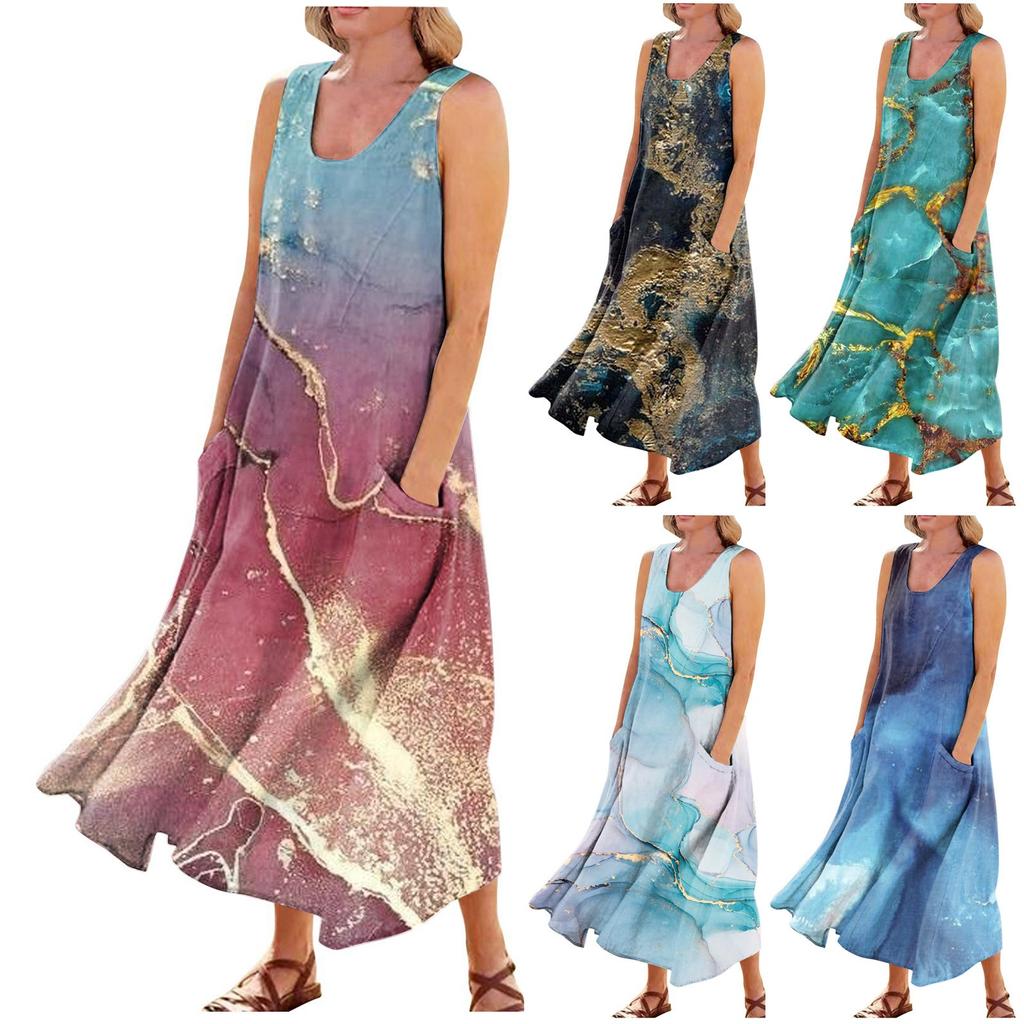 Женское летнее повседневное модное платье без рукавов с карманом и круглым вырезом