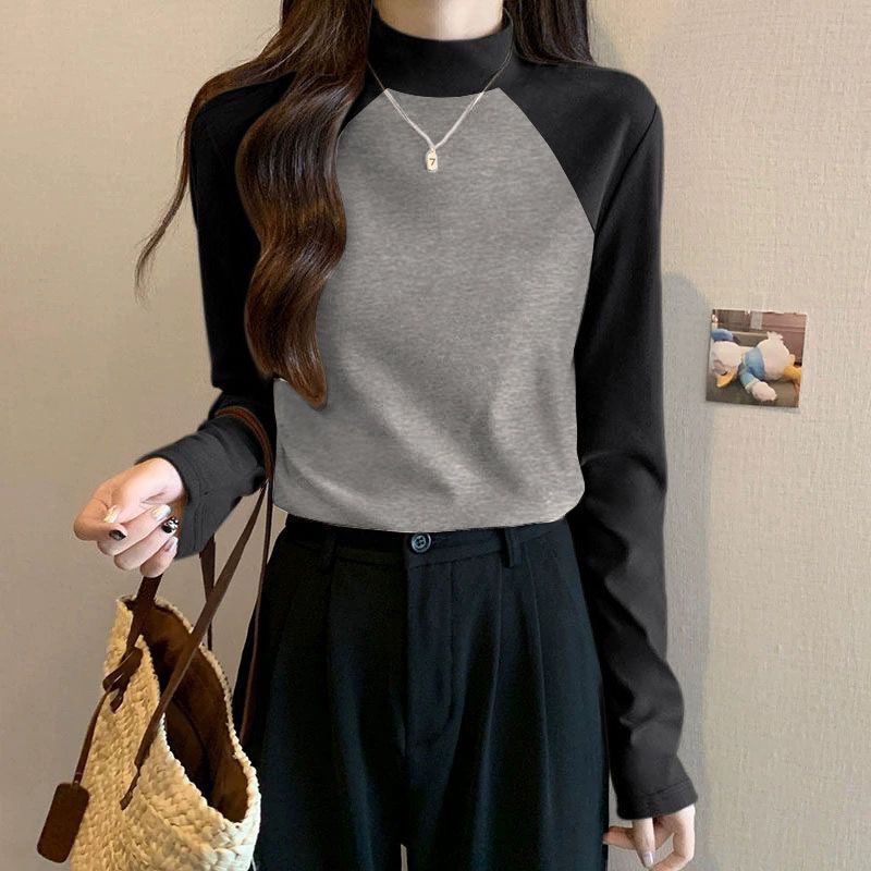 Осень Зима Новые Футболки Женские Футболки Имитация Нерка Контрастный Цвет Пэчворк Мода Повседневный Молодежный Длинный Рукав Теплые Базовые Топы