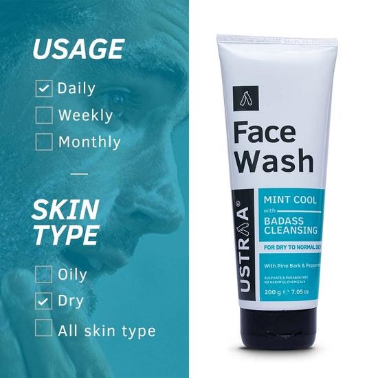 Ustraa Face Wash - Mint Cool - For Dry To Normal Skin - 200g X 2 (Set of 2) | Reduces Moisture Loss | Removes Dirt & Dead Skin