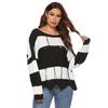 Women's Autumn and Winter Sexy Backless Black and White Stripes Colour Blocking Tassel Splicing Irregular Wave Edge Loose Pullover Jumper