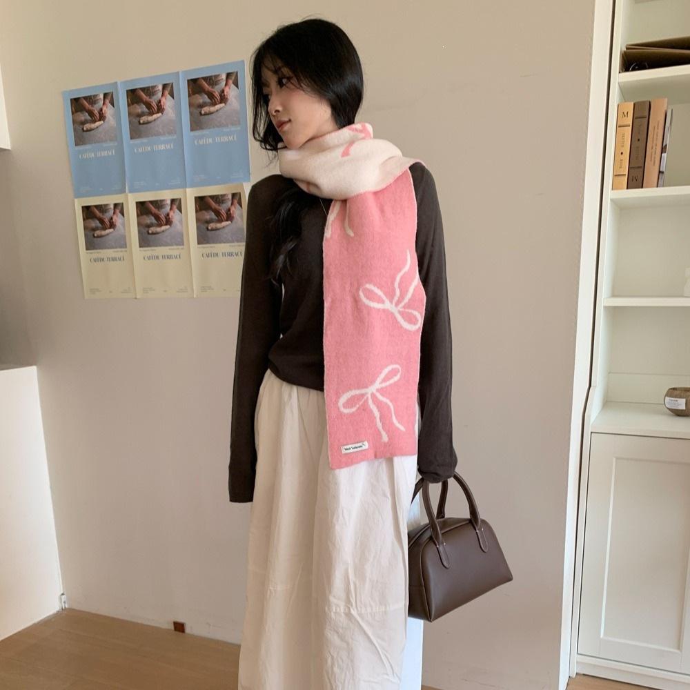 Wool blended Korean knitted bow wool couple high-end small scarf women's thickened warm versatile scarf