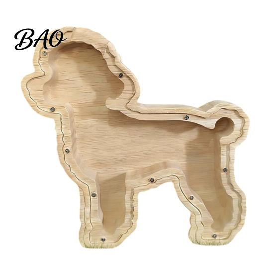 Safe Wooden Money Box Dog Piggy Bank with Clear Front, Unbreakable Puppy Coin Cash Visible Saver Container, Decorative Animal Saving for Boys