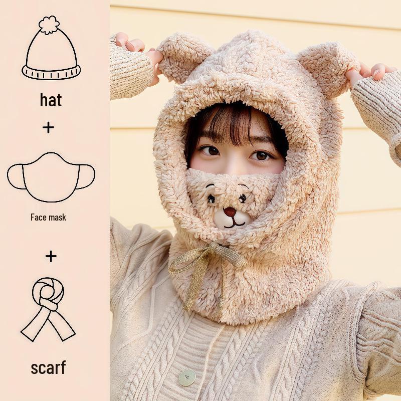 Женская теплая шапка с мишкой: Комплект пуловер, шарф и маска для велоспорта и защиты от холодной погоды