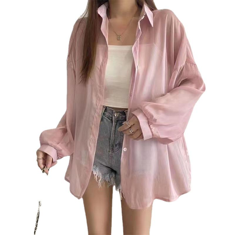 Женская шикарная полупрозрачная рубашка с длинным рукавом из жемчужной пряжи для защиты от солнца 2024