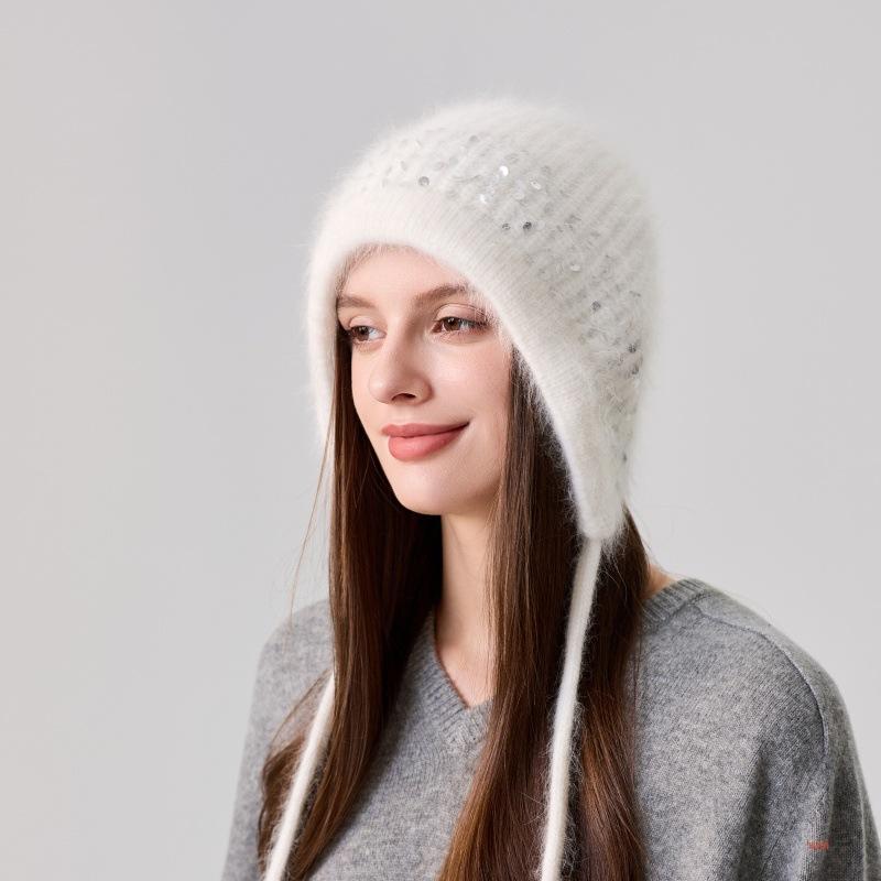 Rabbit hair blended split design knitted hat children's winter warm wool hat sequined ear protector pullover hat tide