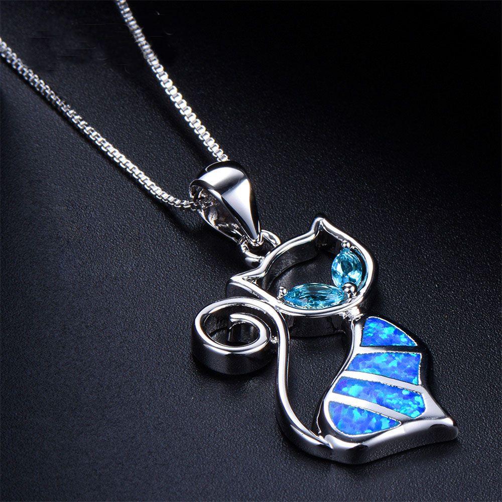 Exquisite Women Fashion Chain Cat Pendant Earrings Jewelry Opal Necklace
