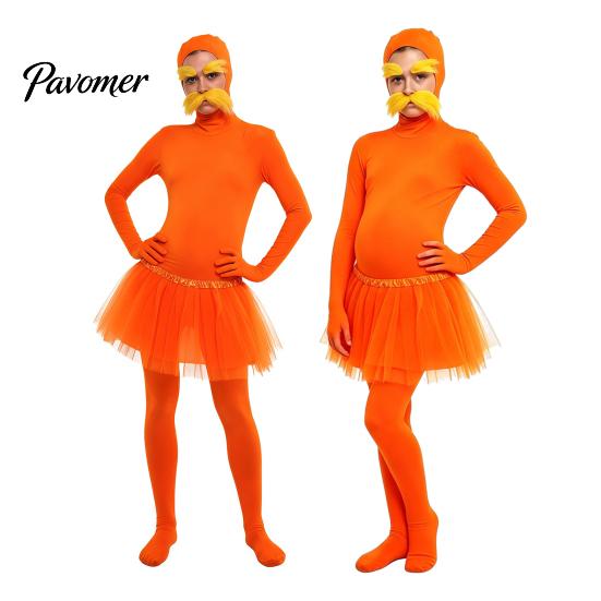 Комбинезоны для вечеринки на Хэллоуин, Оранжевый полный костюм Zentai, с юбкой из тюля, накладным животом, желтыми усами и бровями, Костюм для косплея, Открытое лицо,