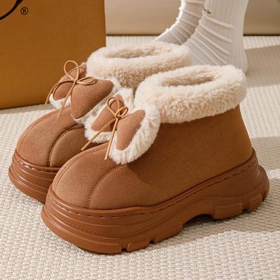 Женские теплые хлопковые тапочки на флисовой подкладке с бантом – Зимняя домашняя/уличная обувь на толстой подошве, увеличивающая рост