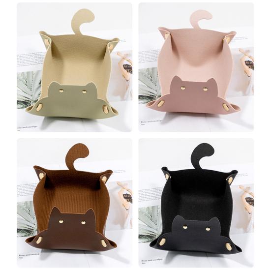 Лоток из искусственной кожи с милым котом, складная металлическая пряжка, водонепроницаемый большой вместительный настольный органайзер для монет, ключей, ткани, органайзер для хранения наушников, держатель