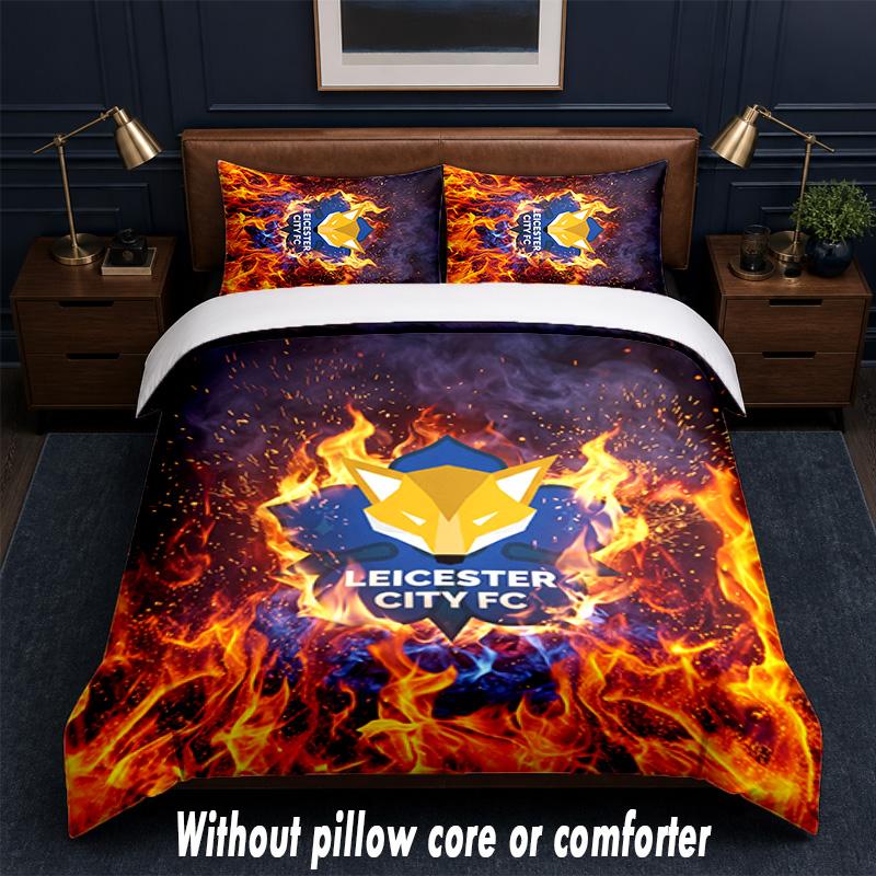 Leicester City Football Design Bed Bedding Set 1 Duvet Cover + 2 Pillowcases Soft Breathable Household Bed Linens
