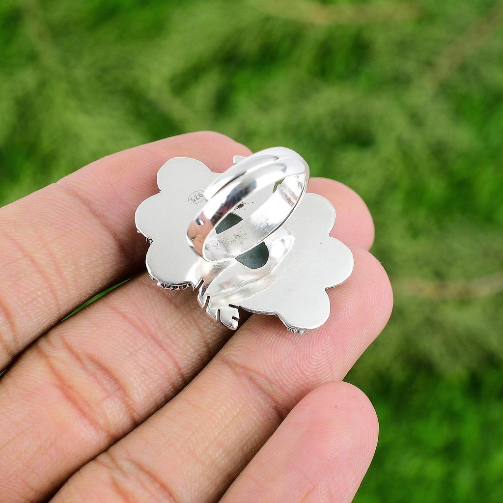 Wedding Gift For Her 925 Silver Natural Larimar Statement Flower Adjustable Ring