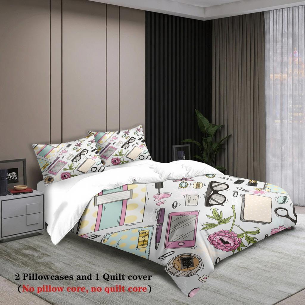 3Pcs Fashion Bedding Sets 3D Printed Stationery And Flowers Duvet Cover Sets With Pillowcases No Filling