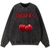 Cherries Print Womans Vintage Washed Cotton Sweatshirt Thin Style Hip Hop Crewneck Hoody Autumn Simple Oversize