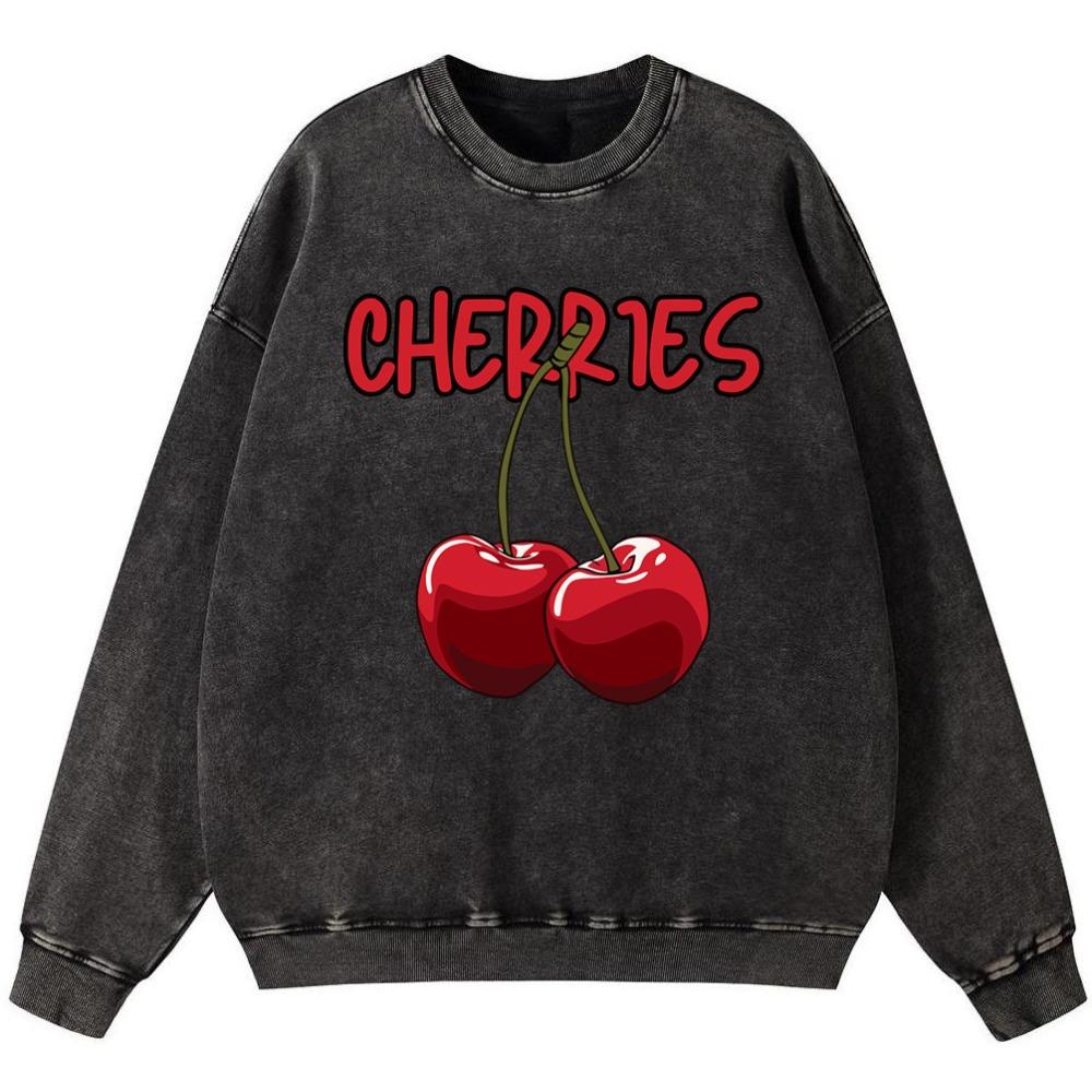Cherries Print Womans Vintage Washed Cotton Sweatshirt Thin Style Hip Hop Crewneck Hoody Autumn Simple Oversize