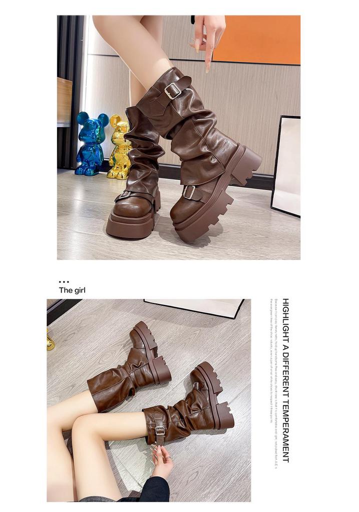 Женские массивные ботинки на платформе в британском стиле, 2024 Осень, Ретро, Ботильоны до середины икры, Мартинсы