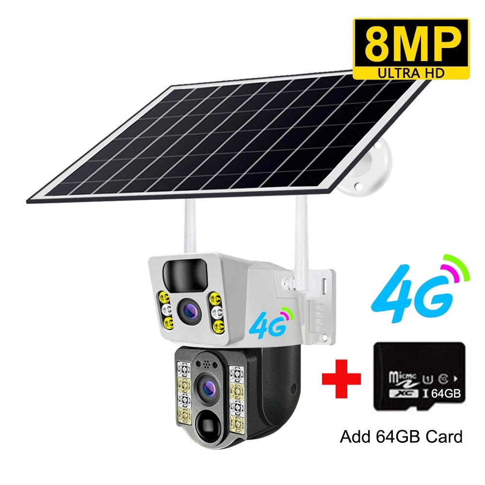 8MP 4K Беспроводная солнечная камера 4G Sim Открытый двойной объектив Wi-Fi IP-камера PIR ночного видения V380 Pro CCTV Монитор безопасности