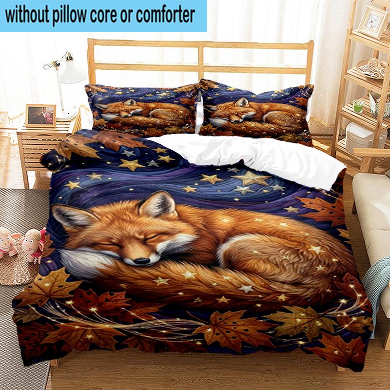 Fox Dreams In Space 3pcs Bedding,Including 1pc Duvet Cover And 2pcs Pillowcases Perfect for Christmas,Ideal for Bedroom, Dormitory