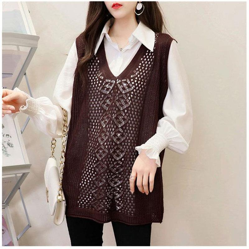 Осенний новый корейский жилет, женский вязаный полый свободный свитер